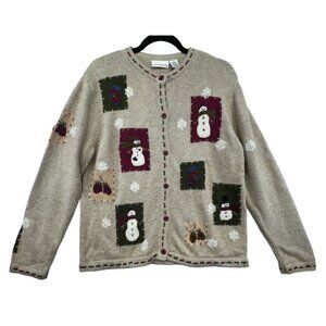 Croft & Barrow Womens Snowman Cardigan Sweater  M Beige & Multicolor Wool Blend